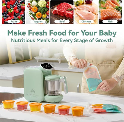 Chefhandy Baby Food Maker with Stainless Steel Steam Basket | 5-in-1 Baby Food Processor, Steamer & Blender for Homemade Baby Food, BPA-Free, 6 Reusable Pouches, Ideal for Newborns & Infants, Green