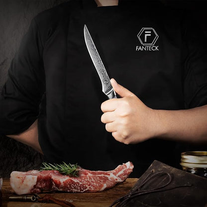 FANTECK 6 Inch Boning Fillet Knife,Damascus Japanese 67 Layer Professional Sharp Curved Flexible Blade Kitchen Chef Knives with Sheath for Fish Poultry Chicken Meat Cutting,G10 Handle