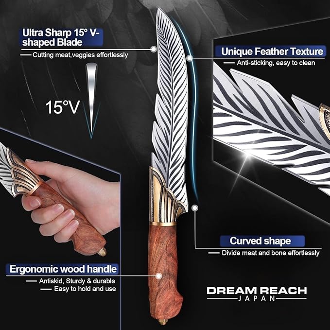 Dream Reach Feather Knife, 6.5" Hand - Forged High Carbon Steel Viking Boning Knife with Sheath, Ideal for Kitchen and Outdoor Activities, Gifts for Men Women