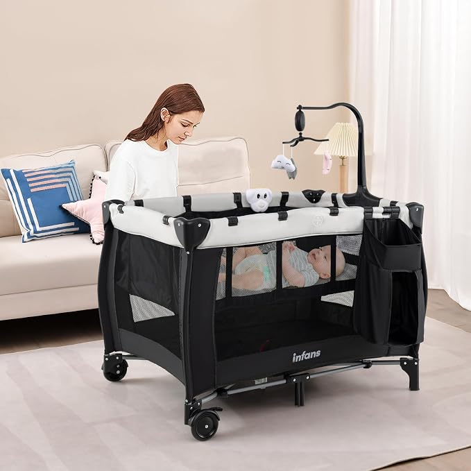 INFANS 3 in 1 Pack and Play, Portable Travel Baby Bassinet with Detachable Mattress, Changing Table, Foldable Playpen with Carry Bag, 2 Wheels (Morden)