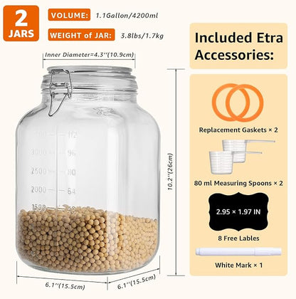 2 Pack 1.1 Gallon Square Super Wide Mouth, Airtight Glass Storage Jars, with Measurement Marks, Leak-Proof Lids for Kitchen Pantry, Canning, Dry Food (Flour, Sugar) & Drinks