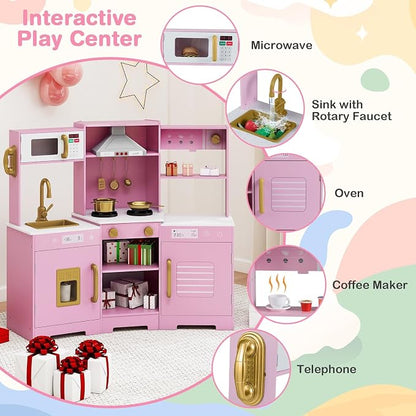 Costzon Corner Kids Kitchen Playset, Wooden Toy Kitchen Set w/Lights & Sounds Range Hood, Ice Maker, Pretend Telephone, Sink, Faucet, Microwave, Oven, Play Kitchen for Kids 3+ (Pink+Golden)