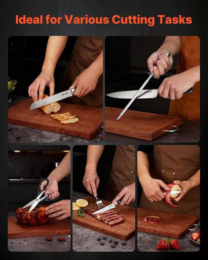 VEVOR Kitchen Knife Set with Block and Sharpener, 15 Piece High Carbon Stainless Steel Sharp Knife Set, Kitchen Cutlery with Crack-Resistant Handle, Sharpening Rod and Wooden Block, for Home Cooks