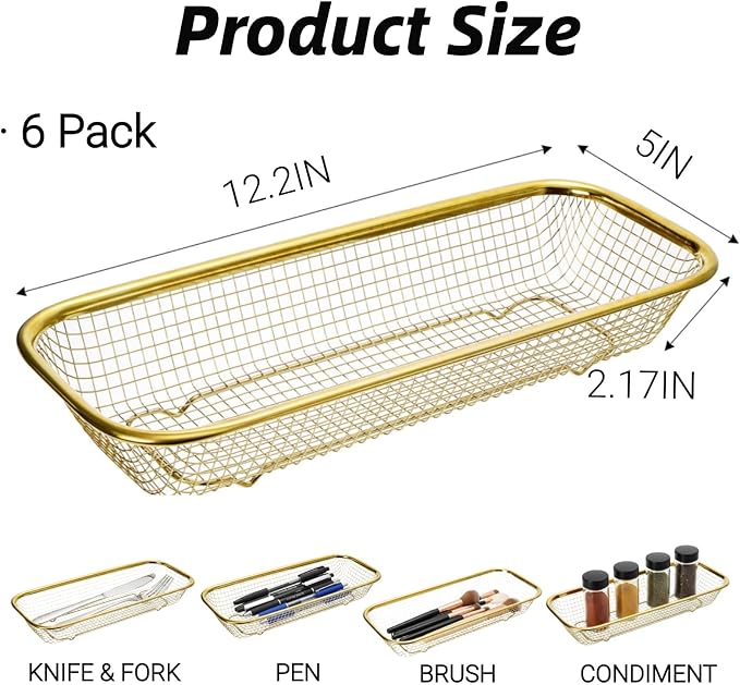 6 Pack Gold Silverware Kitchen Drawer Organizer, Stainless Steel Silverware Tray for Drawer, Utensil Holder for Party, Cutlery and Flatware Basket for Knife, Fork, Spoon, 12 × 5 × 2IN