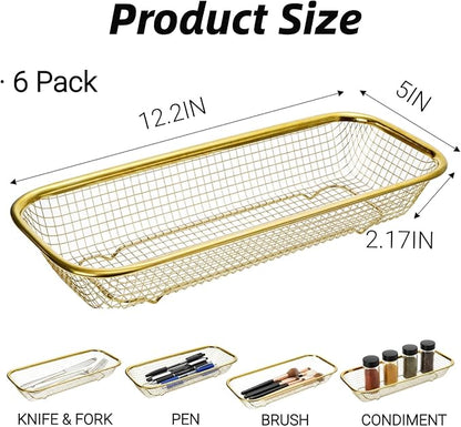 6 Pack Gold Silverware Kitchen Drawer Organizer, Stainless Steel Silverware Tray for Drawer, Utensil Holder for Party, Cutlery and Flatware Basket for Knife, Fork, Spoon, 12 × 5 × 2IN