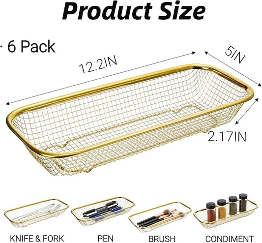6 Pack Gold Silverware Kitchen Drawer Organizer, Stainless Steel Silverware Tray for Drawer, Utensil Holder for Party, Cutlery and Flatware Basket for Knife, Fork, Spoon, 12 × 5 × 2IN