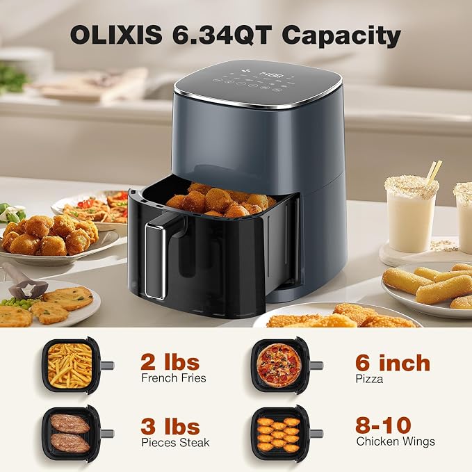 OLIXIS 12-in-1 Air Fryer 6.34 Quarts, Visable Airfryer with Window, 400°F, Roast, Reheat, Dehydrate, Bake, Steam, Fries, Custard, Chicken, Wings, Sea Food, Vegetabels, Grey