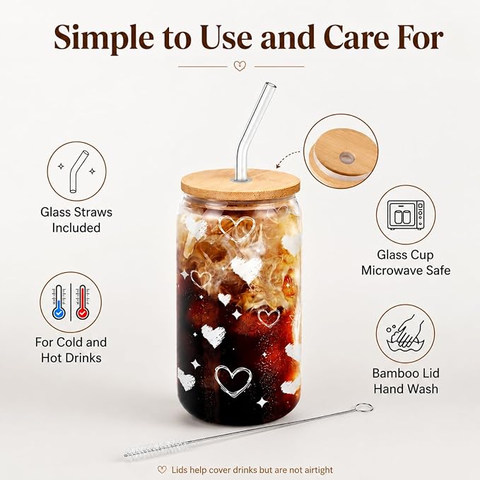 Glass Cups with Lids and Straws with Heart Design, 4 Pack 16 oz Cute Glass Iced Coffee Cups for Friends, Couples, Tea and Juice