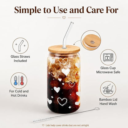 Glass Cups with Lids and Straws with Heart Design, 4 Pack 16 oz Cute Glass Iced Coffee Cups for Friends, Couples, Tea and Juice