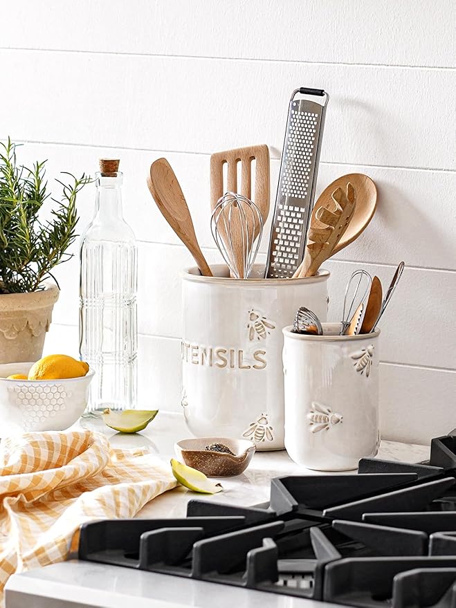 LE TAUCI Kitchen Utensil Holder Set of 2 - 6.9"+5.3" Large Ceramic Cooking Utensil Crock & Organizer for Spatula, Spoon, Whisk - Farmhouse Countertop Storage, Arctic White, Embossed, Bee
