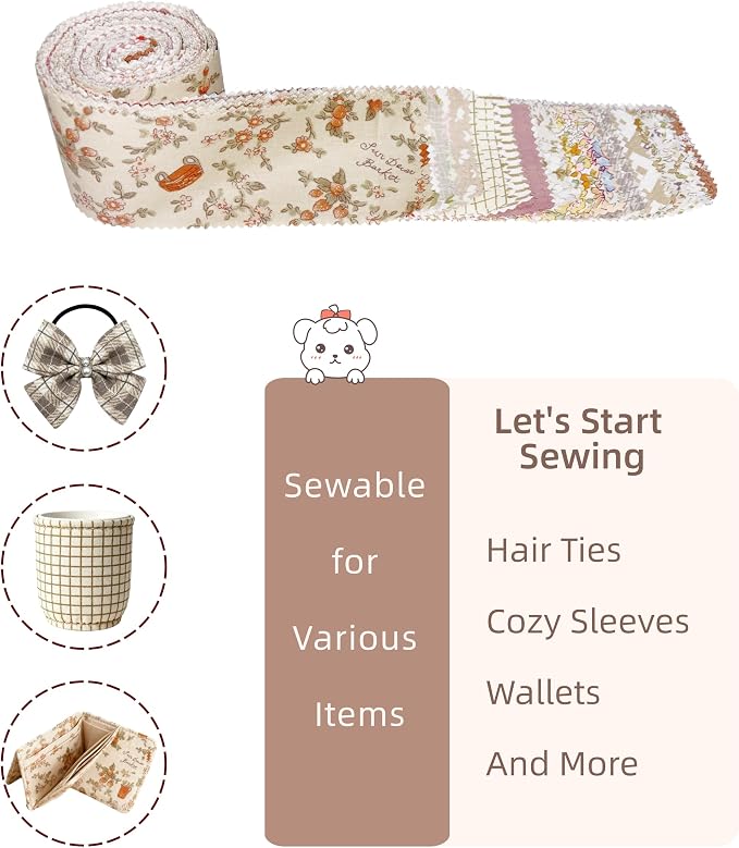 42Pcs Cotton Jelly Roll Fabric Strips - 2.5×19.6 Inch Pre-Cut Quilting Bundles for Sewing, Patchwork | DIY Cushions, Tablecloths, Home Decor (Serrated Cut Coffee Brown)