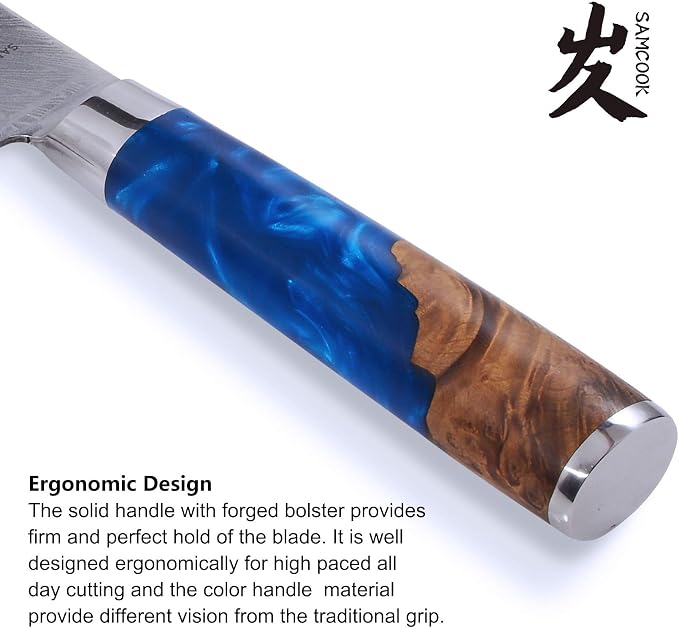 SAMCOOK Damascus Chef Knife - 8 Inch Professional Sharp Gyuto Knife - Japanese VG-10 High Carbon Stainless Steel Kitchen Cooking knife - Ergonomic Blue Resin Wood Handle with Gift Box