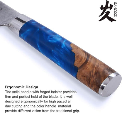 SAMCOOK Damascus Chef Knife - 8 Inch Professional Sharp Gyuto Knife - Japanese VG-10 High Carbon Stainless Steel Kitchen Cooking knife - Ergonomic Blue Resin Wood Handle with Gift Box