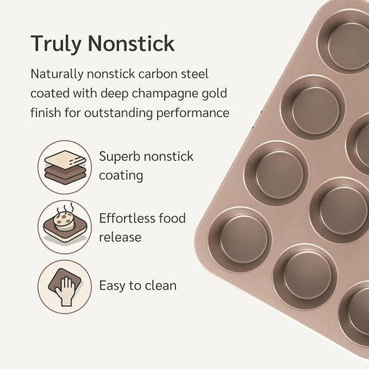 HAPPIELS 12-Cup Muffin Pan Nonstick, PFOA & BPA Free | Nontoxic Cupcake Tin | Best Non Stick Muffin Pans | Muffin tins | Cupcakes Tray | Carbon Steel Bakeware Mold Trays