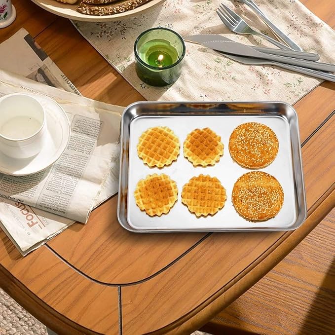 Baking Supplies, Baking Sheet & Rack Set [2 Sheets + 2 Racks], Baking Tray, Stainless Steel Cookie Pan with Cooling Rack, Non Toxic & Heavy Duty & Easy Clean (9 x 7 x 1 inch)