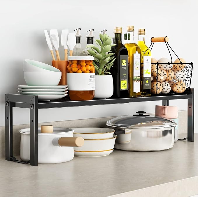 Expandable Cabinet Shelf Organizer 16-26" L Stackable Kitchen Counter Shelf Rack Sink Riser Countertop Storage Black (Normal 7.9”D)