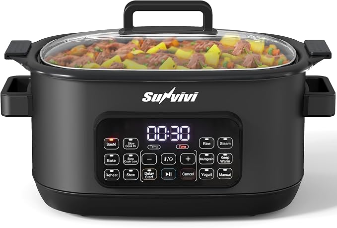 Sunvivi 12-in-1 Multi Cooker, 6.5QT Programmable Slow Cooker with Timer & Temp Control, Auto Warm Setting, Delay Start, Dishwasher Safe Lid & Removable Nonstick Crock, Stainless Steel Rack, Black