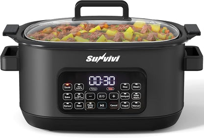 Sunvivi 12-in-1 Multi Cooker, 6.5QT Programmable Slow Cooker with Timer & Temp Control, Auto Warm Setting, Delay Start, Dishwasher Safe Lid & Removable Nonstick Crock, Stainless Steel Rack, Black