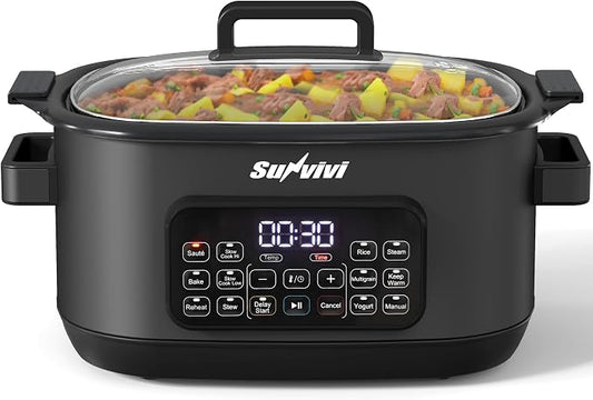 Sunvivi 12-in-1 Multi Cooker, 6.5QT Programmable Slow Cooker with Timer & Temp Control, Auto Warm Setting, Delay Start, Dishwasher Safe Lid & Removable Nonstick Crock, Stainless Steel Rack, Black