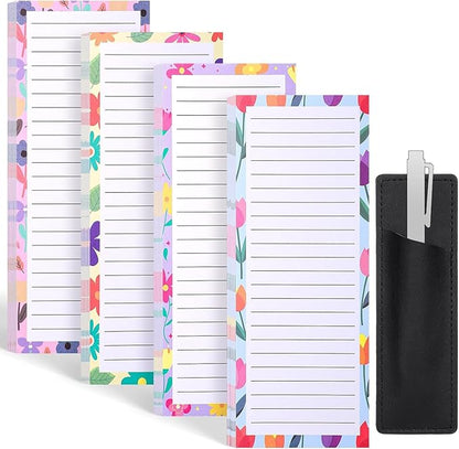 Thboxes 4 Pack Magnetic Note Pad for Fridge with Pen Holder, Totally 200 Sheets Grocery List Magnet Pad for Refrigerator Magnetic Shopping List Pad（Floral Design）