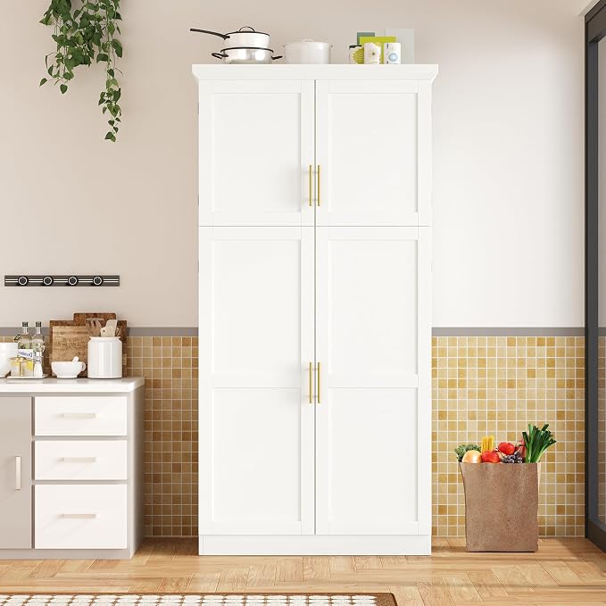 VilroCaz Freestanding Kitchen Pantry Tall Storage Cabinet, Wooden Kitchen Organizers with 4 Doors, 2 Door Shelves, 8 Pull-Out Trays and Adjustable Shelf for Dining Room Living Room (White-8.5)