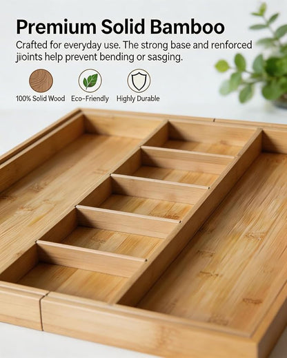 Expandable Bamboo Silverware Drawer Organizer, 5-7 Compartments | Expandable Design, 5-7 Compartments, Dual-Zone Storage, Natural Bamboo Construction, Easy Access Layout