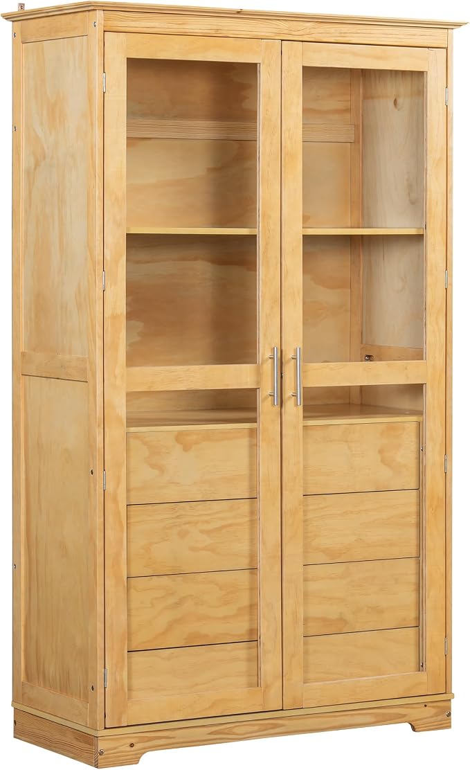 VilroCaz 75'' Tall Kitchen Pantry, Wood Freestanding Kitchen Storage Cabinet Display Cabinet with Glass Doors and 4 Built-in Drawers for Living Room Home Office (Natural-6.21)