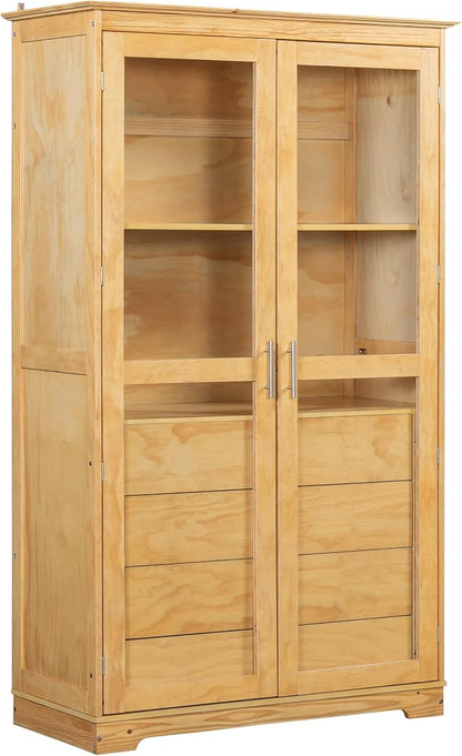 VilroCaz 75'' Tall Kitchen Pantry, Wood Freestanding Kitchen Storage Cabinet Display Cabinet with Glass Doors and 4 Built-in Drawers for Living Room Home Office (Natural-6.21)
