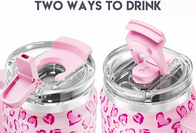 Meoky 32 oz Tumbler with Handle, Insulated Tumbler with Lid and Straw, Stainless Steel Travel Mug, Keeps Cold for 24 Hours, 100% Leak Proof, Fits in Car Cup Holder (Love)