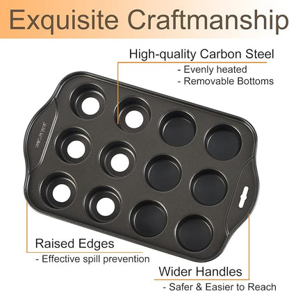 2 Pack Mini Muffin Pan with Removable Bottom, 12 Cavity Nonstick Mini Cupcake Pans Set, Carbon Steel Small Muffin tins, 24 Cups Mini Cheesecake Pan