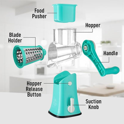 Zulay Kitchen Rotary Cheese Grater 5 Blade Cheese Shredder - Manual Hand Crank Cheese Grater With Reinforced Suction & 5 Interchangeable Drums - Easy to Use, Vegetable Chopper Round Mandoline Slicer