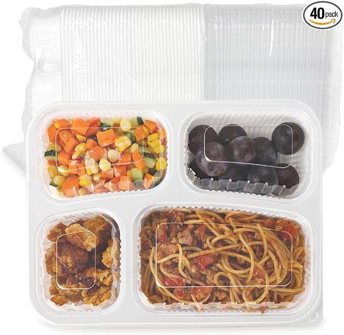 40 Pack 34oz 4-Compartment Bento Box - Shrink Wrapped No Pre-Wash | BPA Free Leak-Resistant Takeout Containers | Microwave Safe | Shatterproof Flexible PP To Go Box, Bulk Leftover Storage