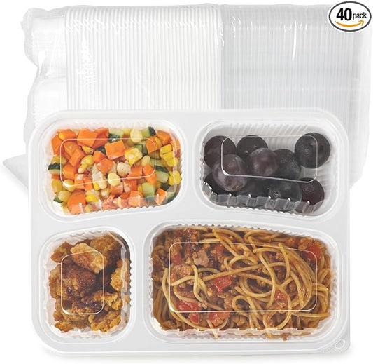 40 Pack 34oz 4-Compartment Bento Box - Shrink Wrapped No Pre-Wash | BPA Free Leak-Resistant Takeout Containers | Microwave Safe | Shatterproof Flexible PP To Go Box, Bulk Leftover Storage