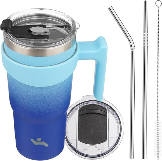 Konokyo 20 oz Tumbler with Handle and 2 Straw 2 Lid, Insulated Water Bottle Stainless Steel Vacuum Cup Reusable Travel Mug,Sky