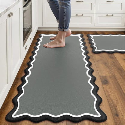 Arenarug Scalloped Black Gray Kitchen Mats Rugs Sets of 2 Cushioned Anti Fatigue Floor Mat Waterproof Kitchen Rugs Non Slip Foam Comfort Standing Mat for Sink Laundry