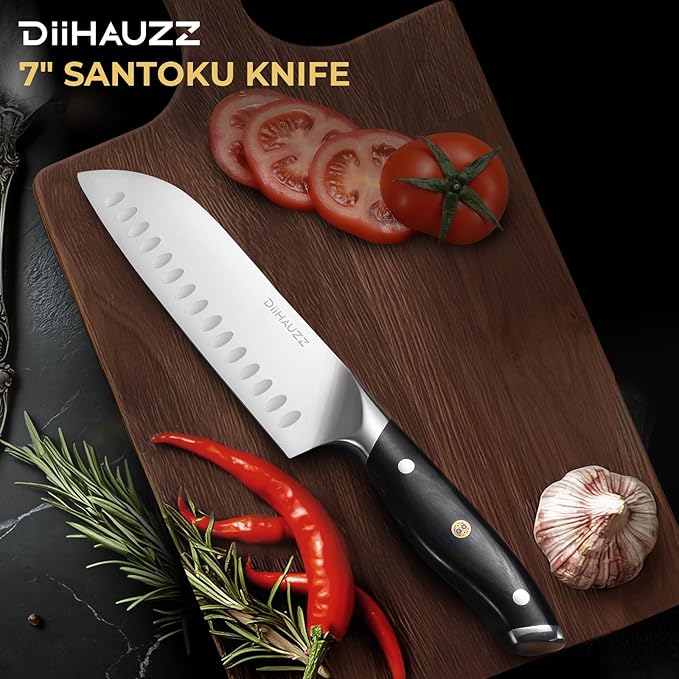 DiiHAUZZ Chef Knife, 7 Inch Ultra Sharp Japanese Santoku Knife, High Carbon Steel Forged Professional Kitchen Knife with Full Tang Triple-Riveted Ergonomic Handle for Slicing, Chopping, Dicing