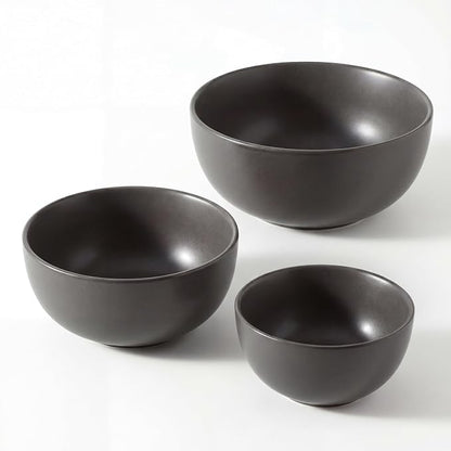 Tikoore Ceramic Mixing Bowls Set，Soup Bowls Set of 3, Stoneware Nesting Bowls for Serving, Baking, Salad,Microwave and Dishwasher Safe,24/40/88 oz, Matte Black