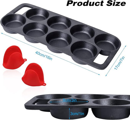 YOLOPLUS+ Pre-seasoned Cast Iron Muffin Pan with Heat Resistant Gloves，16 Inch 8 Cups Biscuit Pan with Handle for Biscuits, Cupcake,Muffins, and Scones