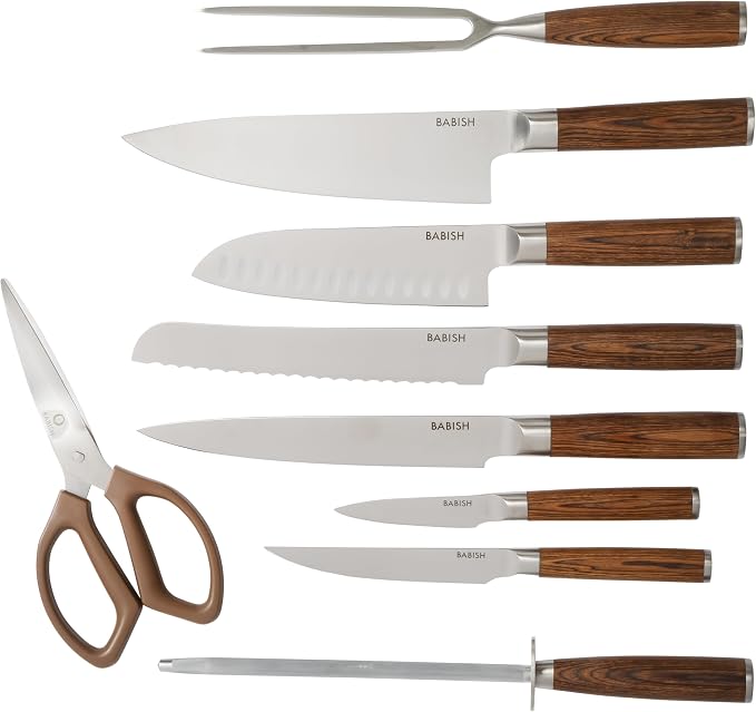 Babish High-Carbon 1.4116 German Steel 15 Piece Full Tang Forged Cutlery Kitchen Knife Block Set - Dark Pakka Wood Handle