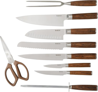 Babish High-Carbon 1.4116 German Steel 15 Piece Full Tang Forged Cutlery Kitchen Knife Block Set - Dark Pakka Wood Handle
