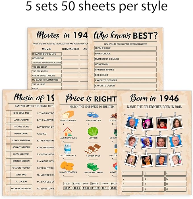 QUPT 80th Birthday Party Games, Born in 1946 Games Bundle, Set of 5 Activities for 10 Guests, Birthday Party Supplies for Adults, Pack of 50 Cards