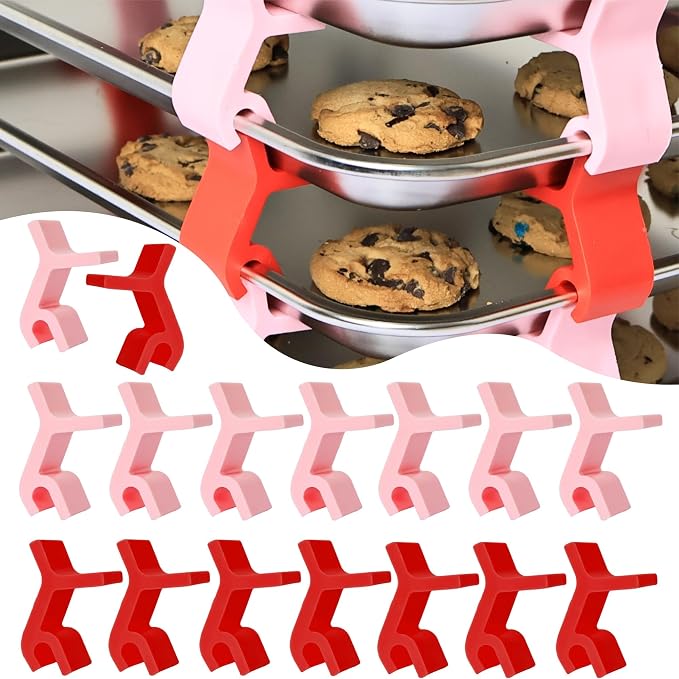 16pcs Baking Sheet Stackers - Saving Harvest Tray Stackers Accessories, Baking Sheet Stacking Clips, Cookie Tray Stacker Clips for Freeze Dryer Trays Kitchen Picnic BBQ (Red and Pink)