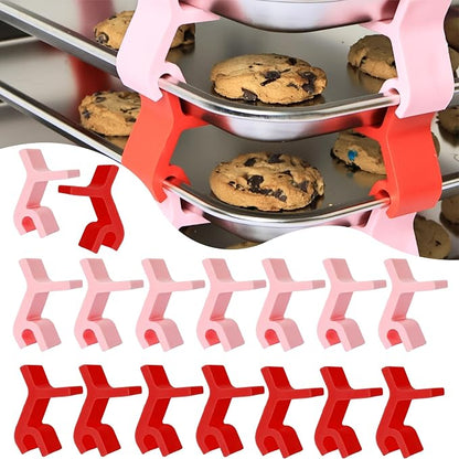 16pcs Baking Sheet Stackers - Saving Harvest Tray Stackers Accessories, Baking Sheet Stacking Clips, Cookie Tray Stacker Clips for Freeze Dryer Trays Kitchen Picnic BBQ (Red and Pink)