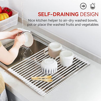 MERRYBOX Roll Up Over The Sink Dish Drying Rack Silicone Wrapped Foldable, Heat-Resistant, Anti-Slip Sink Rack Multipurpose Dish Drainer for Kitchen Sink Counter - White, 17.5" x 11"