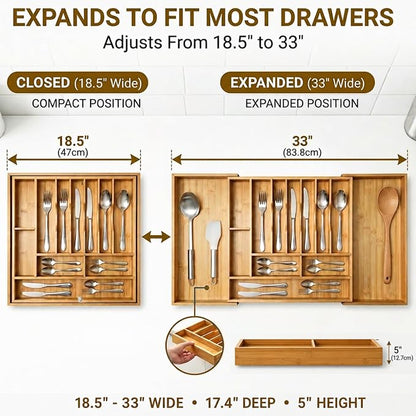 Expandable Bamboo Silverware Organizer for Drawer, 11 Compartments | Expands 18.5"-33", 11-13 Deep Slots with Adjustable Dividers, Solid Bamboo Construction, Non-Slip Design