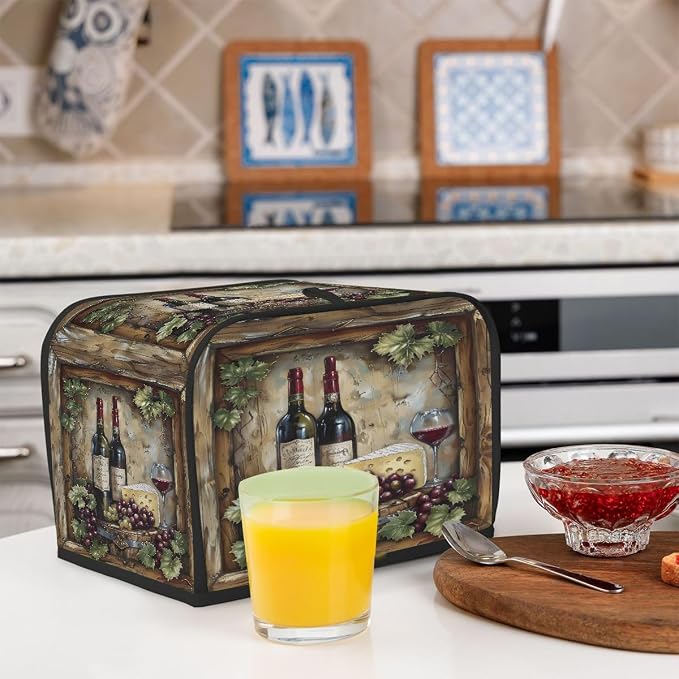 Wine Toaster Cover 4 Slice Wide Slot Washable Toaster Covers | Rustic Wood Dust and Fingerprint Protection Bread Maker Covers for Kitchen Accessories Decor Bakeware Women Gift