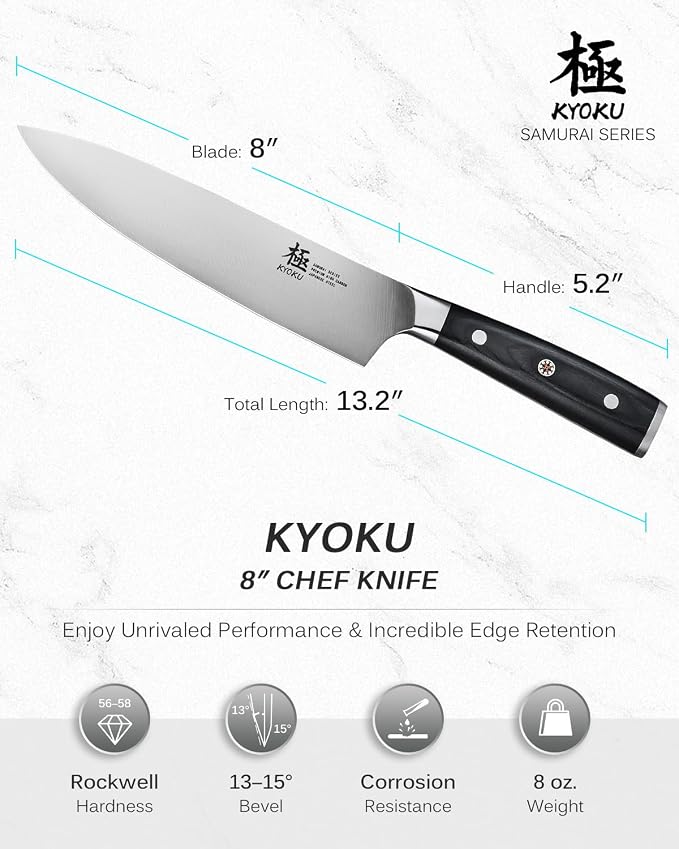 KYOKU 8" Chef Knife, Samurai Series Meat Cutting Knife with Pakkawood Handle & Mosaic Pin, Japanese Style High Carbon Steel Knives, Full Tang knives for Vegetable Fruit with Sheath and Case