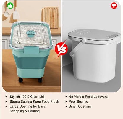 Rice Storage Container, Collapsible Airtight Food Storage Containers 20-30lbs with Clear Lid and Wheels, Rice Dispenser with Scoop for Flour Cereal Pasta Grain, Cat Pet Bird Dog Food Storage Container