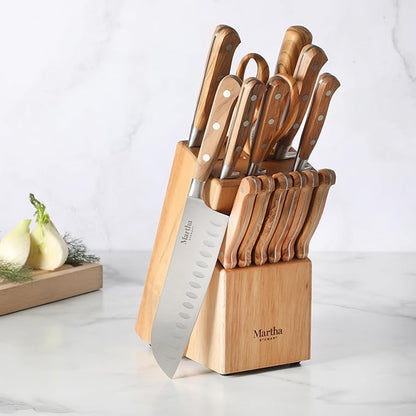 Martha Stewart Austenwood 15-Piece Knife Block Set, German Stainless Steel Kitchen Knives with Forged Italian Olive Wood Handle