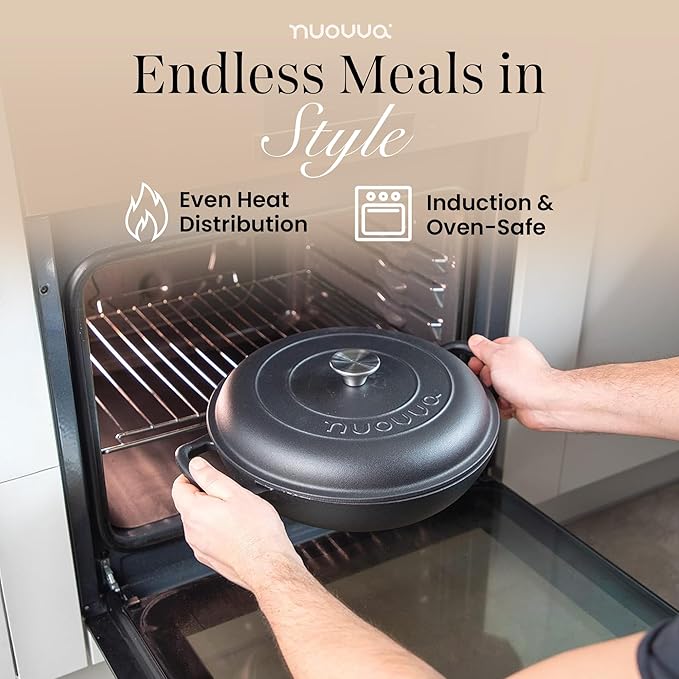 Shallow Cast Iron Casserole with Lid – Non Stick Dutch Oven Pot, Oven Safe up to 500° F – Sturdy Ovenproof Stockpot Cookware – Enamelled Cooking Pot – Black, 3.7-Quart, 30cm – by Nuovva